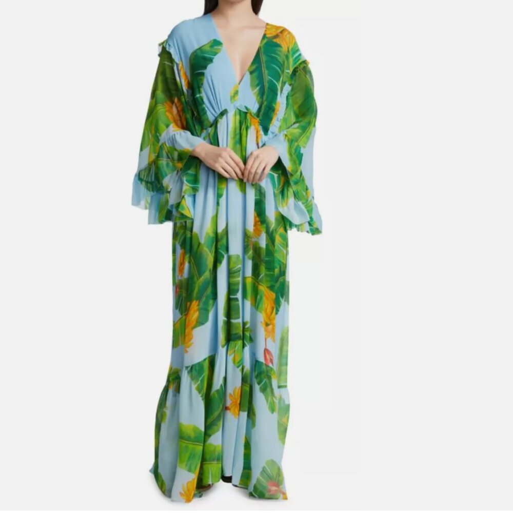 FARM Rio fresh bananas butterfly-sleeve maxi dress size small blue resort NWT